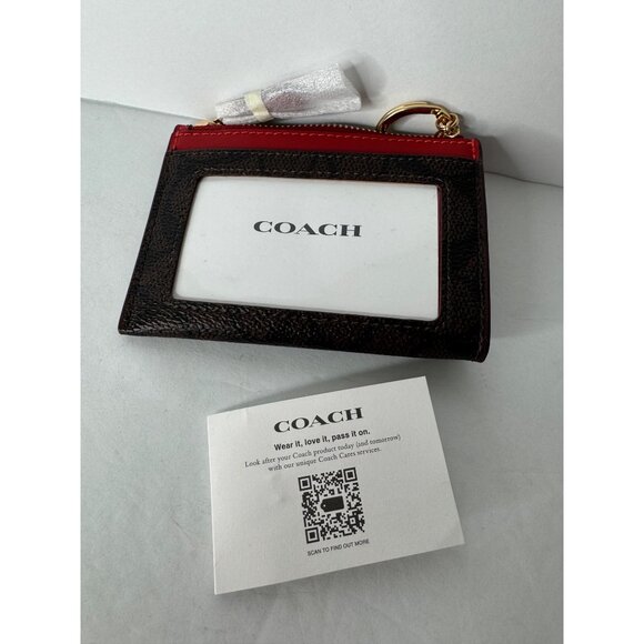 Coach Mini Skinny Id Case Signature Canvas Gold Walnut Bold Red - Picture 6 of 6
